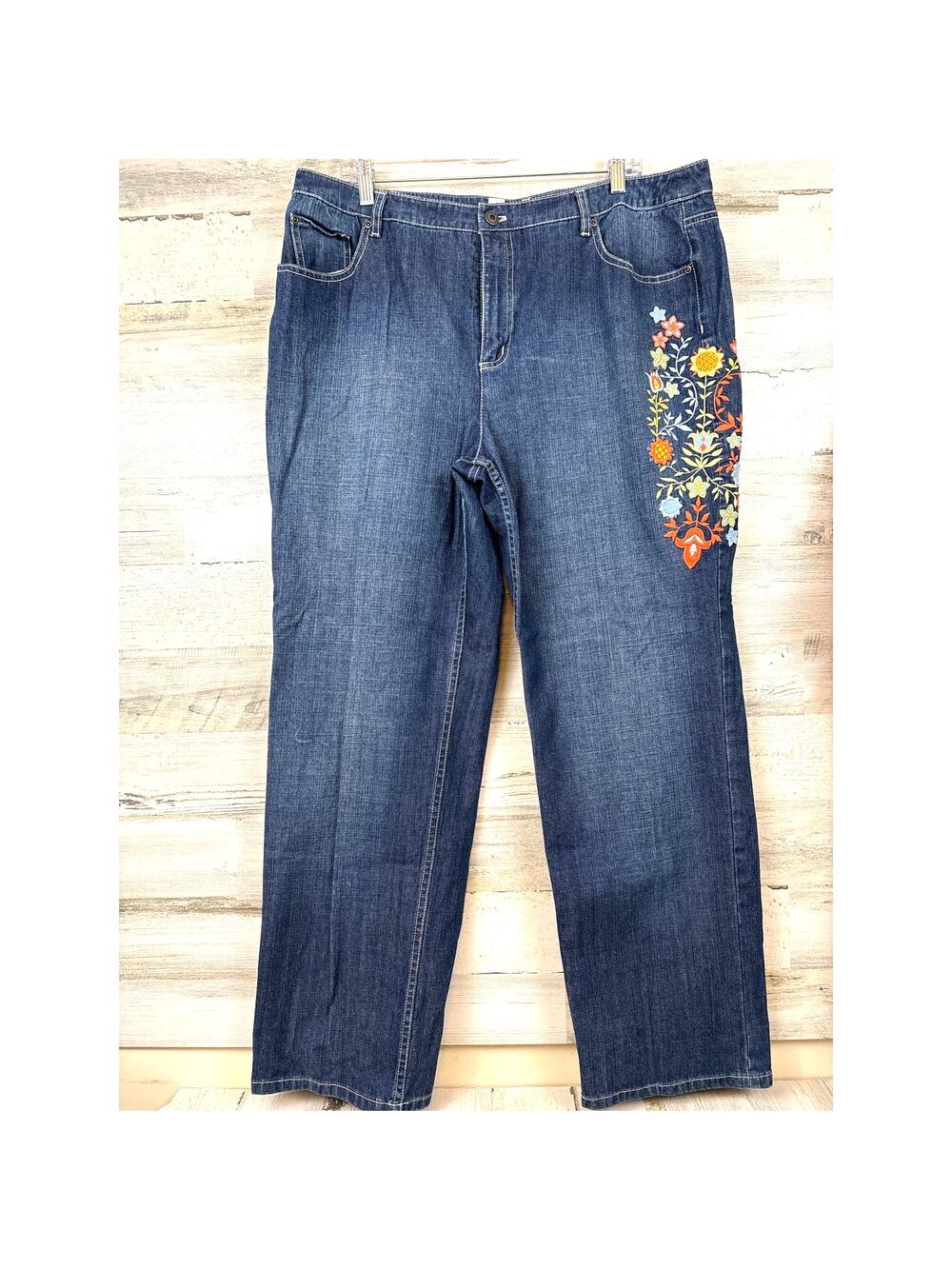 Talbots Womens 18 Plus Blue Y2K Embroidered Floral Straight Leg Denim Jeans Pant